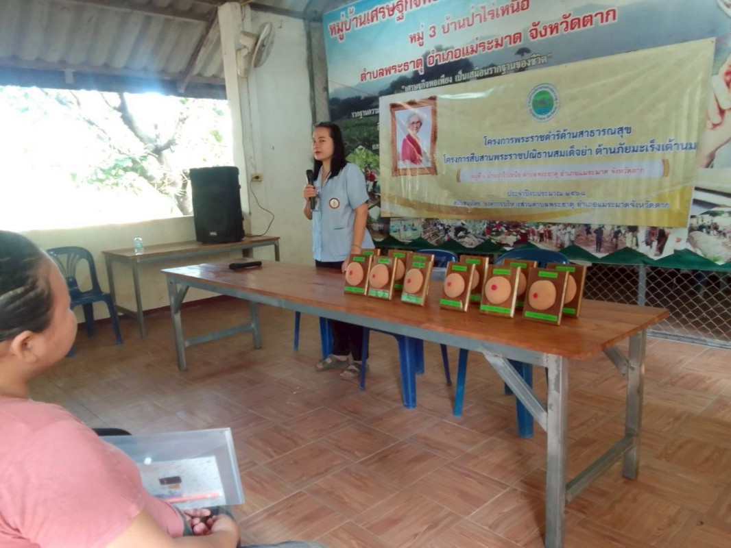 30 สิงหาคม 2568 นางอัจฉรา ทวีเกื้อกูลกิจ นายกองค์การบริหารส่วนจังหวัดตาก มอบหมายให้ รพ.สต.บ้านสันป่าไร่ โดยนางเสาร์แก้ว อ่วมพิทยา เจ้าพนักงานสาธารณสุข เป็นวิทยากรอบรมให้ความรู้โครงการพระราชดำริด้านสาธารณสุข โครงการสืบสานพระราชปณิธานสมเด็จย่าต้านภัยมะเร็งเ